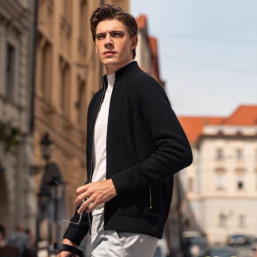 Mr. Bu Zipper Design Hitzeschloss warme Wolle Strickjacke Frühling und Herbst Leicht Luxus Windschutzkragen Pullover Männer BT12155 Klavierschwarz S (165)