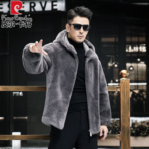 Pierre Cardin 100% Genuine Wool Sheep Shear Coat Men's Fur One-piece Lamb Fur Coat Hooded Men's Thick Winter Jacket Dark Gray L 100 to 125 Jin Jin equals 0.5 kg Wear