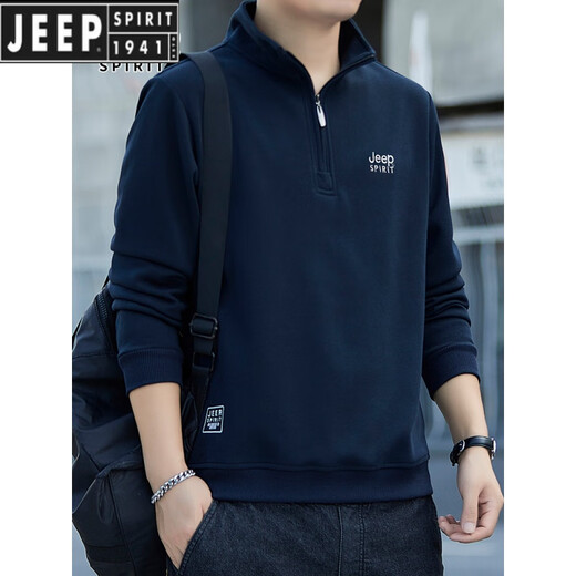 JEEP SPIRIT Jeep pure cotton sweatshirt men's spring and autumn new loose large size stand-up collar half-zip casual pullover long-sleeved top Army Green 2XL 140-160Jin Jin equals 0.5 kg