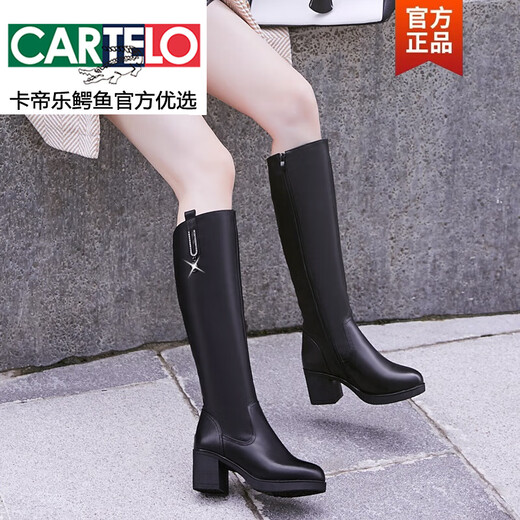 CARTELO crocodile (CARTELO) women's winter genuine leather high boots mid-heel boots wool riding boots high-heeled leather boots thick heel plus velvet mid-calf boots full leather plush 38