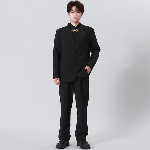 GOKU new Chinese style button suit suit for men Chinese style engagement wedding groom Chinese tunic dress Tang suit suit for men black suit + shirt + pants XL recommended weight 120-135 Jin Jin equals 0.5 kg