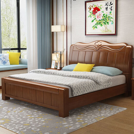 Modern Chinese double bed rubber wood solid wood bed 1.5m bed home bedroom 1.8m storage large bed wedding bed single bed color please note 1800*2000mm frame structure