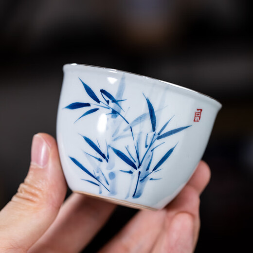 Dian Qingtang hand-painted celadon bamboo wrapped silver cup 999 sterling silver tea cup tea master cup scent cup pure silver cup silver wine cup hand-painted celadon bamboo 80 ml certificate + gift box 50-120 ml