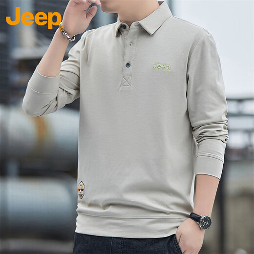 Jeep (JEEP) long-sleeved T-shirt men's autumn and winter polo loose casual bottoming shirt clothes men's Khaki XL