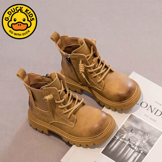 G.duck Little Yellow Duck Genuine Leather Boys' Boots 2024 Spring and Autumn Children's Martin Boots Girls' Short Boots Autumn Boys' Big Yellow Boots Khaki Size 30