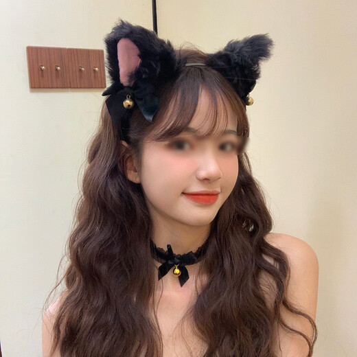 Suican cat ear bell headband atmosphere cos dress collar animal ear headwear cat girlfriend anchor Lolita couple cat ear headband black + collar 1 set