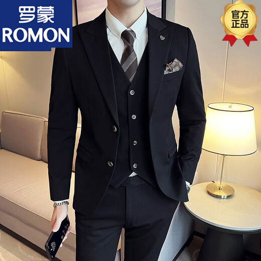 ROMON suit men's slim-fitting British style groom's suit suit men's Korean style trendy wedding dress casual formal wear off-white (suit + pants + vest + shirt) collar M