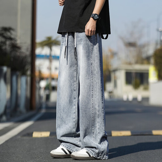 龙桃子直筒牛仔裤男夏季舒适透气美式休闲裤子男潮牌青少年宽松阔腿长裤 K897浅蓝 M 约110~130斤可穿