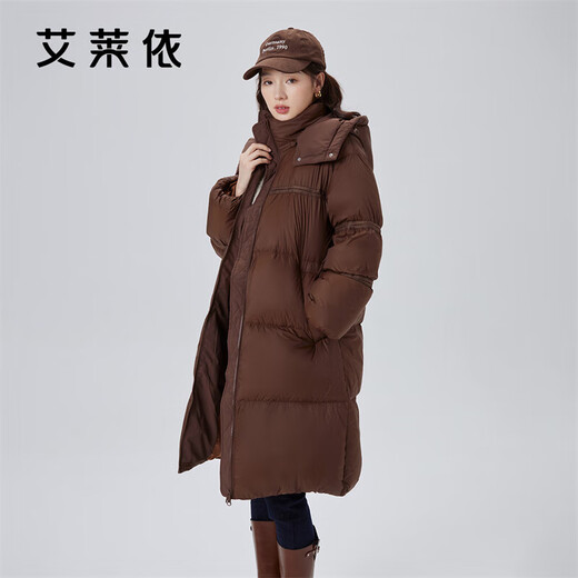 Ailai Down Jacket Women's Puff Feel Soft and Waxy Long Goose Down Hooded Korean Style Women's Jacket Winter Honey Tea Brown 155