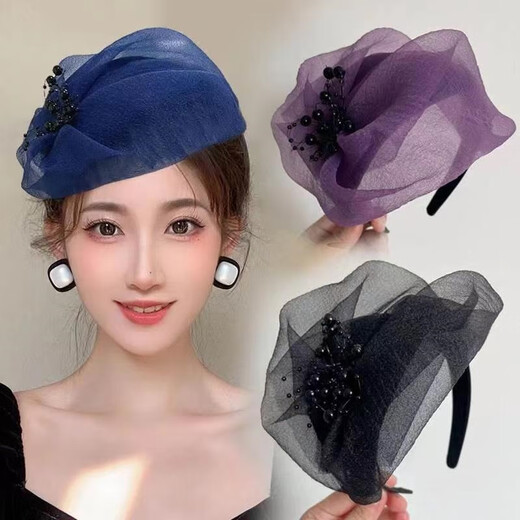 CHUXIANG super wide-brimmed mesh half-hat headband for women, French-style hairpin to cover gray hair, evening hairpin, temperament, face-showing, small pressed hair headband, headband F050 black A24-305