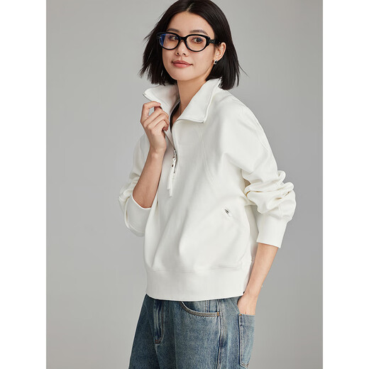 雲上生活【海川卫衣】肌理感翻领半拉链短款卫衣2024春秋上衣女V9214X 白色 S