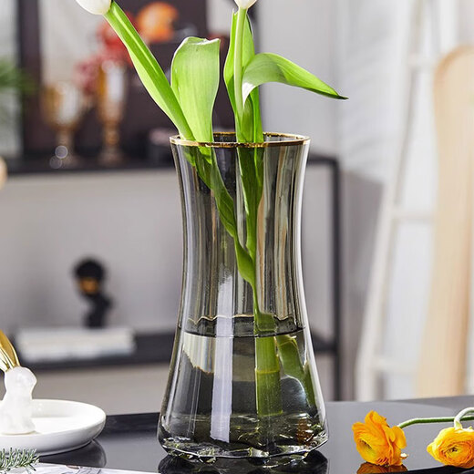 Xinnan creative waist-cut vase, light luxury, high-end glass ornaments, living room flower arrangement, water-raised flowers, high-end table decoration, light luxury ash-painted gold vase 20*9CM