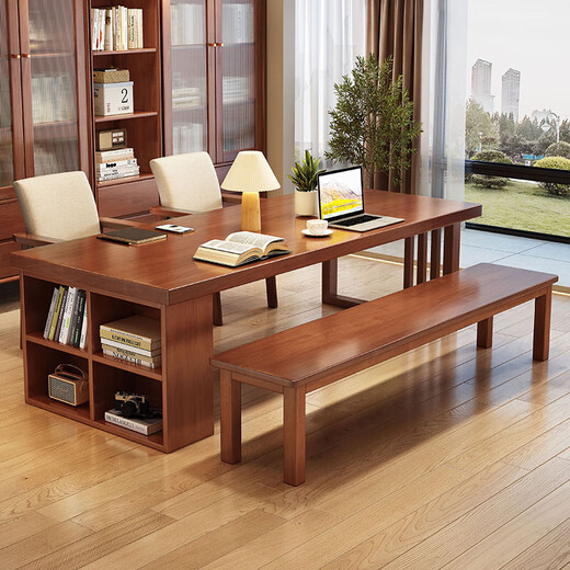 
Lijiangxing 2025 new solid wood living room large long dining table integrated workbench reading table de-living room large table learning table CR9904# walnut color table + armchair*2 No 160x80x75cm