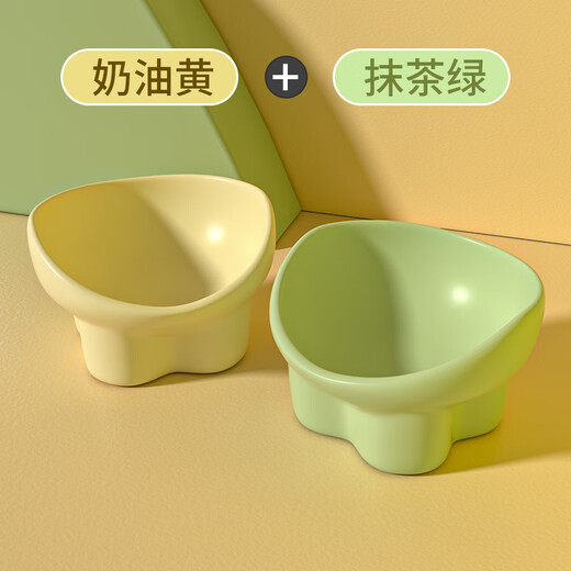 Qi Oh Cat Bowl Ceramic Cat Food Bowl Dog Bowl Food Bowl Cat Rice Bowl Large Diameter Water Bowl Slant Bowl Anti-Tip Bowl Pet Supplies Double Bowl Cream Yellow + Matcha Green