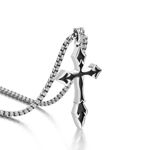 IDEAGEMER925 silver cross necklace men's personality retro niche simple versatile handsome boy pendant clavicle chain trend cross pendant + titanium steel chain 60CM supports engraving