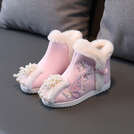 Ruiyang Winterschuhe, Kinder-Hanfu-Schuhe, Samt-Baumwollschuhe, bestickte Mädchenschuhe im Ethno-Stil, Neujahrsschuhe im antiken Stil, kurze Babystiefel, A5213 rosa, Größe 31/Innenlänge 19,0 cm
