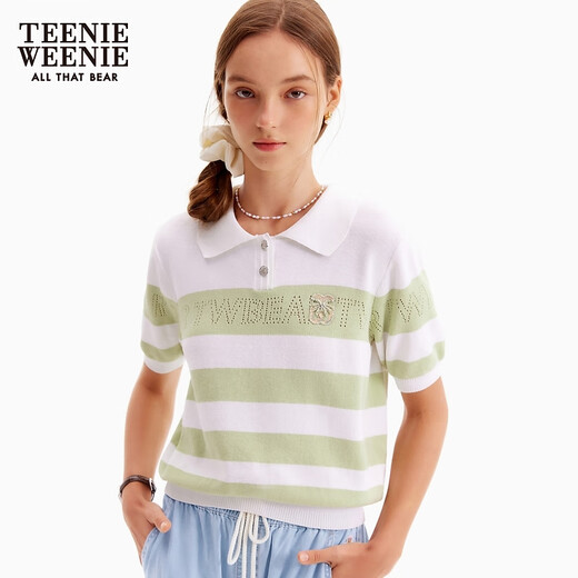 Teenie WeenieZT summer casual hollow thin comfortable striped short-sleeved sweater for women light green 155/XS