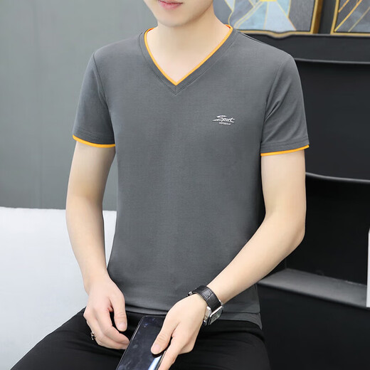 Heilan Home's men's summer V-neck men's short-sleeved T-shirt pure cotton letter slimming trend peach heart collar men's solid color QY691 black 3XL recommended 150-170Jin Jin equals 0.5 kg