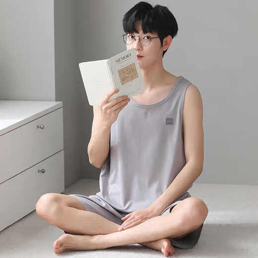 浪莎莫代尔睡衣男背心秋季薄款青年大码休闲家居服可外穿2件短裤套装 12023 L 建议95-120斤