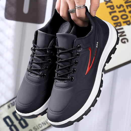 Hongxinger sports shoes men's leather sports versatile casual running shoes trend all black kitchen waterproof 916PU black red 42