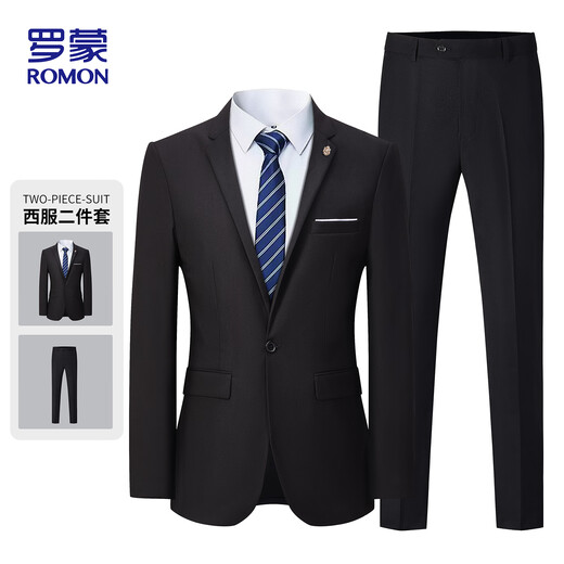 ROMON Suit Men's Business Slim Professional Formal Wear Groomsman Groom Wedding Dress Two-piece Y306 Black XL