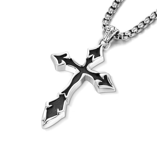IDEAGEMER925 silver cross necklace men's personality retro niche simple versatile handsome boy pendant clavicle chain trend cross pendant + titanium steel chain 60CM supports engraving