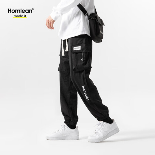 
Homlean American high street casual pants men's summer paratrooper tying feet versatile work pants niche functional style 9913 black 2XL