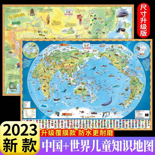 Todas las 2 imágenes del mapa de conocimiento para niños Mapa de China + Mapa mundial Versión actualizada recubierta de alta definición impermeable 980*677 mm Mapa colgante de pared de gran tamaño