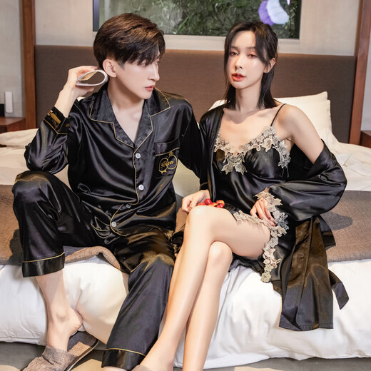 Modal 2 set price imitation silk couple nightgown for men and women spring and autumn suit shorts women's hanging skirt two-piece ice silk embroidered bathrobe 0511 black men's suit women's embroidered nightgown XL male + female L