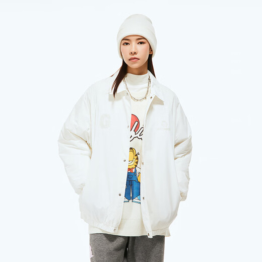 Fun trendy brand cotton coat lapel autumn and winter new style Garfield co-branded raglan sleeves warm and versatile couple casual jacket white XXS
