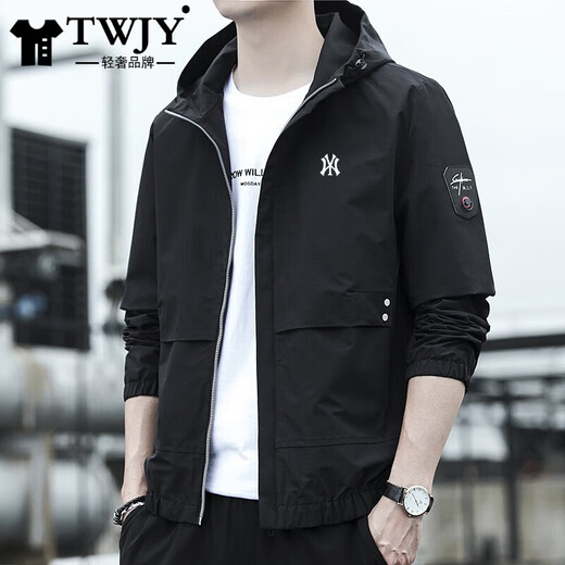 TWJY Light Luxury Brand Jacket Jacket for Men Spring and Autumn New Trendy Fashion Top Versatile Handsome Casual Men's Clothing T2102Y Black (Fleece Style) Stand Collar 2XL (Recommended 135-150 Jin Jin equals 0.5 kg)