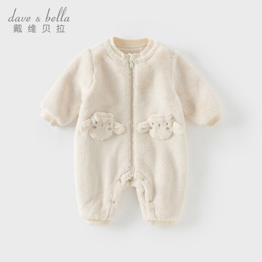 DAVE&BELLA full-month baby jumpsuit, infant warm crawl suit, milk velvet children's clothes, winter clothing, new baby girl's pajamas, off-white, ready stock 80cm (recommended height 73-80cm)