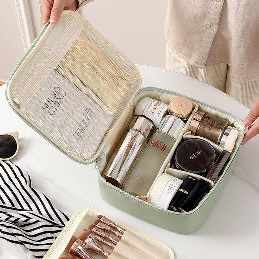 Haofanjie Portable Cosmetic Bag for Women 2026 New High-Looking Large Capacity Waterproof Portable Layered Cosmetic Storage Bag Beige Upgraded Three-dimensional DIY Cosmetic Bag