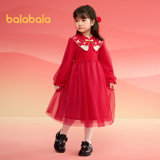 Balabala Girls New Chinese Style Knitted Dress 2025 Spring Red Mesh Princess New Year Dress 208125111006