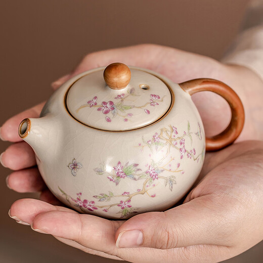 Porcelain brand tea set Ru Kiln Kung Fu tea set with tea tray household ceramic personal teapot teacup tea set beige Ru Kiln cute cat Xishi pot one pot and two cups