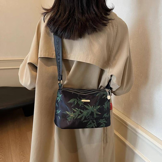 Original national style design bamboo leaf commuter bag for women 2025 spring and autumn new printed three-layer single shoulder crossbody bag new printed crossbody bag black large size