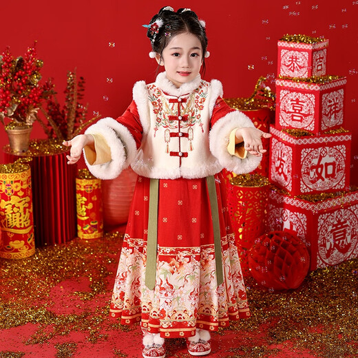 Anneyol Hanfu girls' costumes children's horse-faced skirts festive New Year's clothing winter baby girl's New Year's clothing red 120