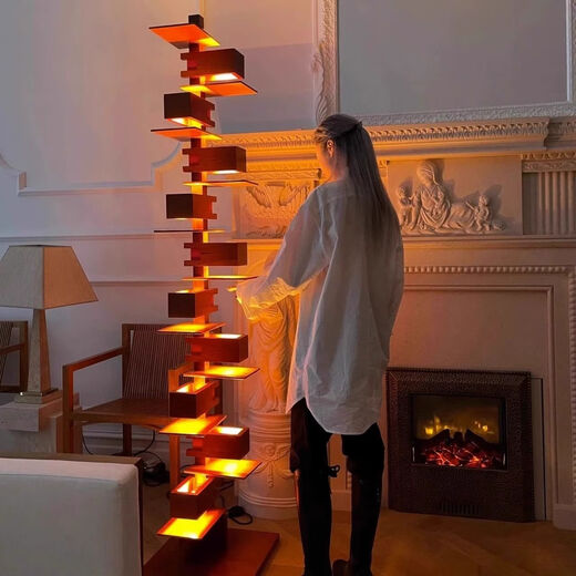 Zhongshuai Flowing Water Villa Floor Lamp Designer Simple Living Room Imitation Wood Grain Light and Shadow Art Ornaments Decorative Lamp Flowing Water Floor Lamp Black