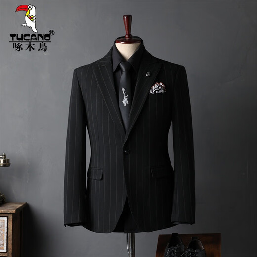 Woodpecker (TUCANO) Striped Suit Men's Full Groom's Suit British Style Groomsmen's Clothes Business Formal Wedding Suit Men's Black (suit + trousers) 50/L (112-125Jin Jin equals 0.5kg)