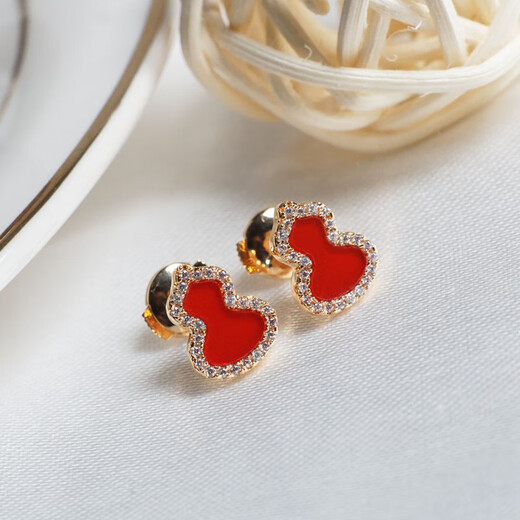 Fat Donglai's same style 18kl rose gold gourd earrings, national fashion red agate chrysoprase 18K rose gold with diamonds and red agate (with flying saucer ear plugs)