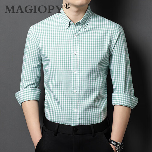 MAGIOPY luxury high-end brand men's spring and autumn new men's shirt long-sleeved plaid fashion casual thin versatile shirt green L 50