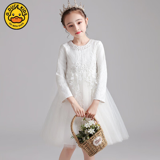 G.duck Spring, Autumn and Winter Girls' White Princess Dress Wedding Dress Children's Long-Sleeved Puff Dress Middle-aged Children's Performance Dress White No Velvet 110 cm Suitable for 100-110cm Age 4-5 Years Old