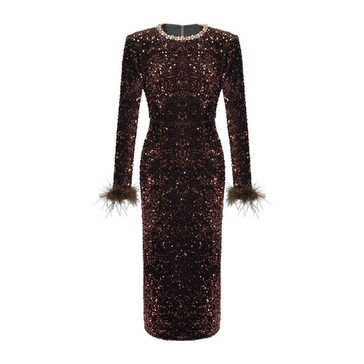 BORDIFENASI Cocktail Dress 25 Autumn New Women's French Diamond Round Neck Slim Fit Hip Sequin Dress 582 Brown S