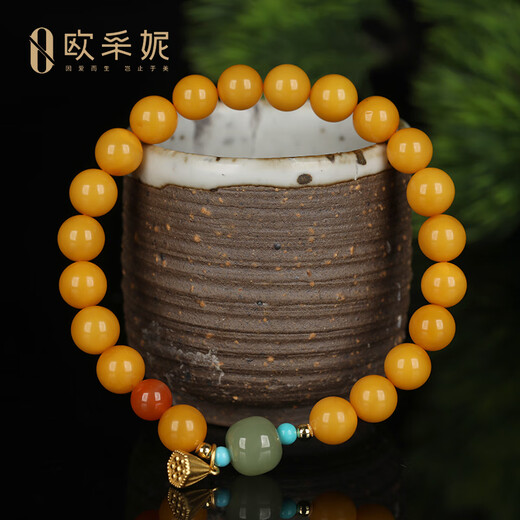 OUCERNY Beeswax Bracelet Natural Chicken Fat Yellowstone Amber and Clear Bottom Hetian Jade Bracelet Women's Russian Material Gift for Wife