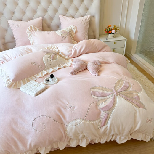 Tao Crystal Light Luxury Class A Thickened Milk Velvet Appliqué Embroidered Four-piece Baby Velvet Bedsheet Quilt Cover Princess Girl Warm Bedding Bow-Pink Class A 9Jin Jin is equal to 0.5kg. Free pillows on both sides. 1.8m bed sheet. Quilt cover 200*230