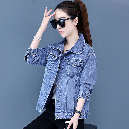 Shang Yuqing retro brown denim short jacket 2025 early autumn denim jacket for women 2025 spring and autumn new denim jacket Korean wide 9901# embroidered sequin blue S code recommended 80--100Jin [Jin equals 0.5 kg]