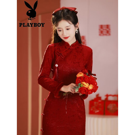 Playboy (PLAYBOY) Cheongsam Toast Wedding Bridal Wedding Burgundy Long Sleeve Chinese Young Style Engagement Dress Women Thickened Velvet Winter Burgundy Velvet Thickened Official Flagship Edition 2XL