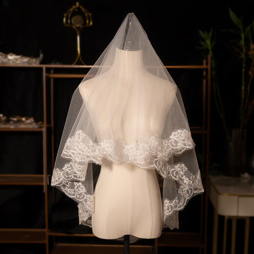 Veil main wedding dress super fairy style photo studio shooting props double layer white simple bridal wedding lace headdress white lace lace veil single layer about 1.4 meters 1 piece