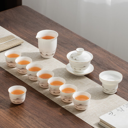 Gold inlaid jade mutton fat jade porcelain tea set white porcelain complete set ceramic Kung Fu tea set men's gift housewarming wedding moving gift Yunhai painted gold mutton fat jade porcelain tea set