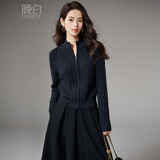 Late White New Product 2025 Autumn Retro Fashion Jacket Smart, Clean and Versatile Short Knitted Cardigan for Women Dark Blue M